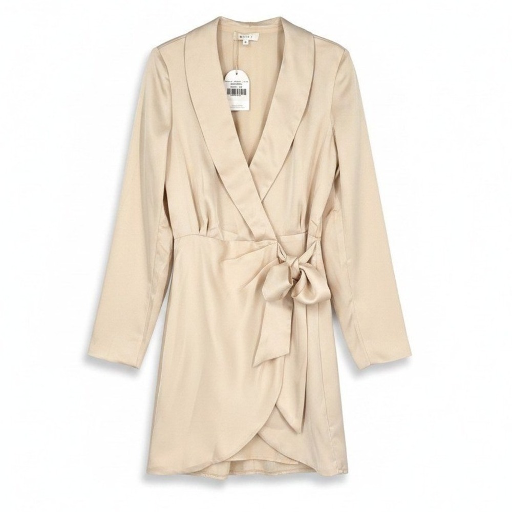 NWT Billy J Aimee Mini Wrap Dress Ivory Satin Tie Waist Long Sleeve Size 6